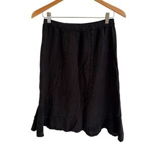 Match Point 100% Linen Skirt Black Midi Elastic Waist‎ Flowy Ruffle Women Boho